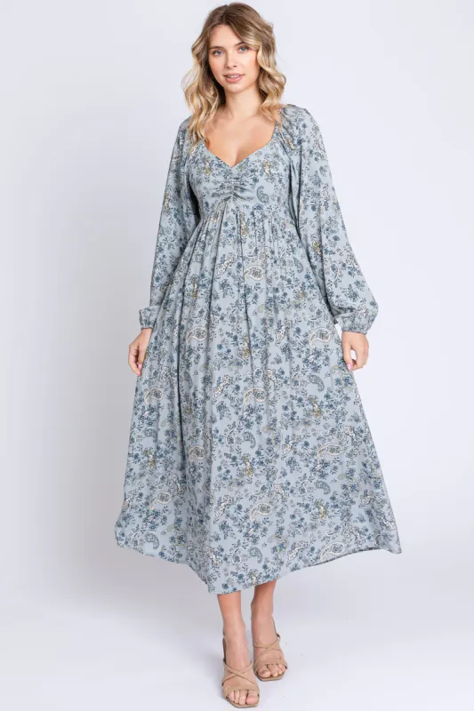 Light Blue Floral Paisley Long Sleeve Midi Dress sold by Pinkblush