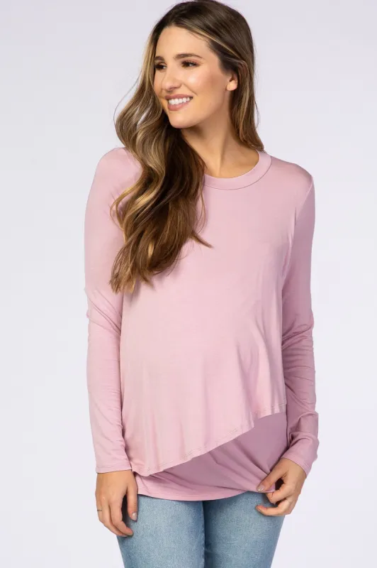 PinkBlush Pink Solid Layered Front Long Sleeve Maternity/Nursing Top sold by Pinkblush