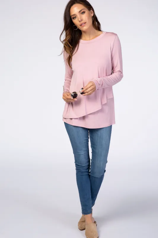 PinkBlush Pink Solid Layered Front Long Sleeve Nursing Top sold by Pinkblush