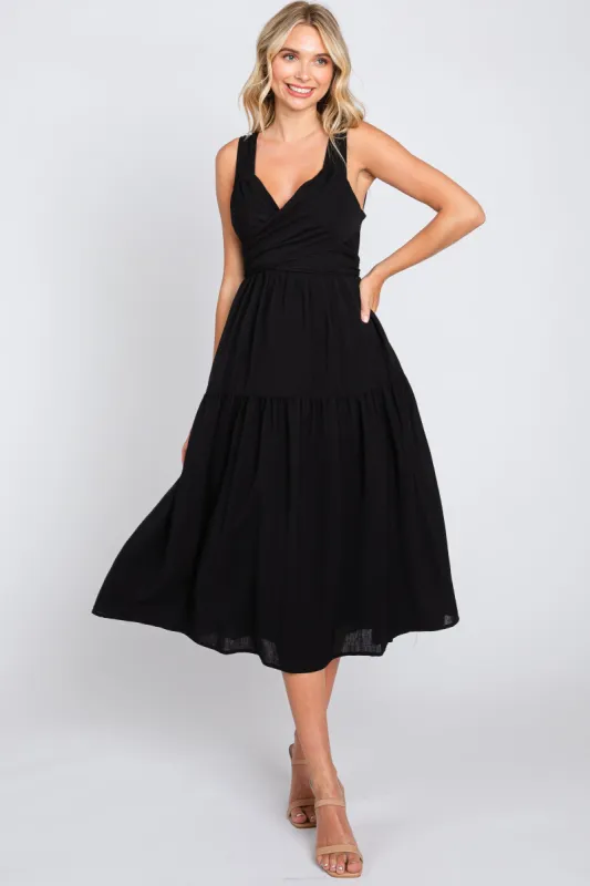 Black Wrap Front Accent Midi Dress sold by Pinkblush