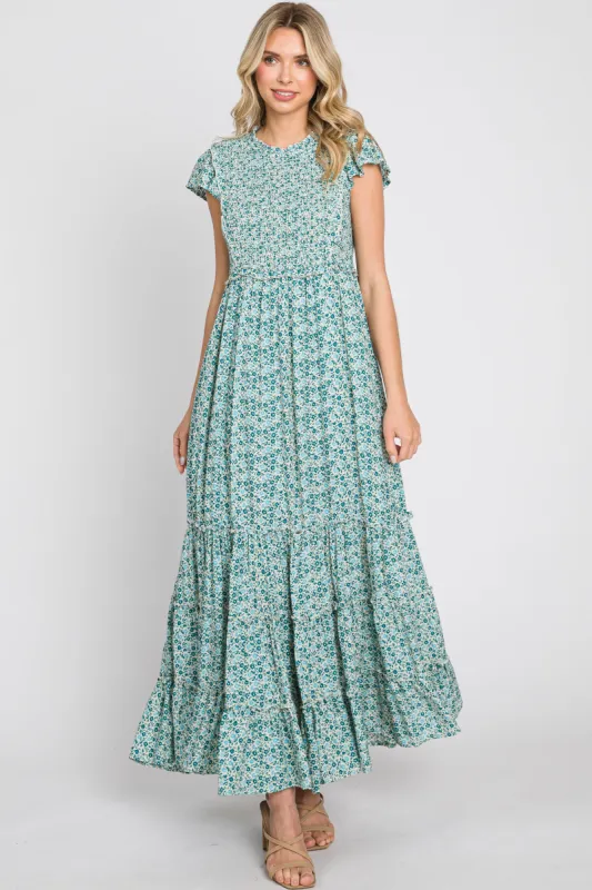 Teal Floral Tiered Maxi Dress sold by Pinkblush