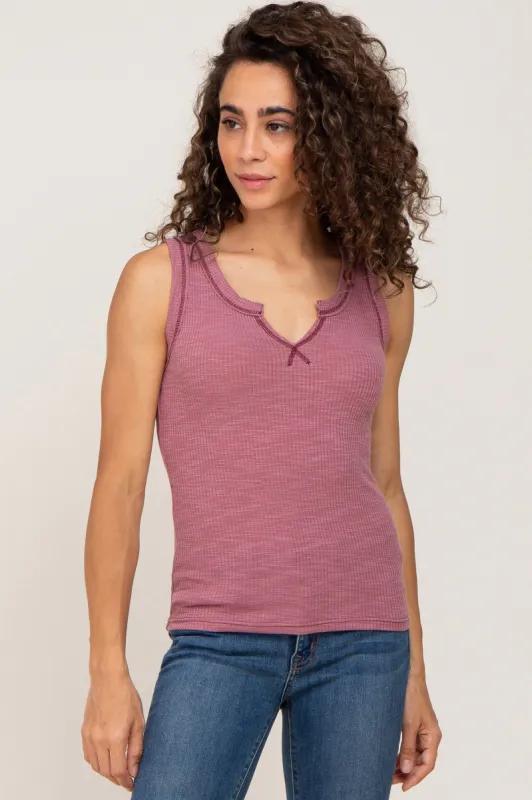 Mauve Ribbed Split Neck Tank Top sold by Pinkblush