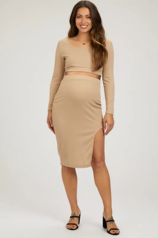 Beige Ribbed Long Sleeve Crop Top Maternity Skirt Set sold by Pinkblush