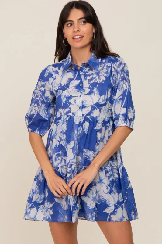Royal Blue Floral Collared Puff Sleeve Dress sold by Pinkblush