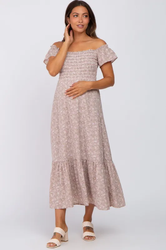 Light Pink Floral Smocked Square Neck Maternity Midi Dress sold by Pinkblush