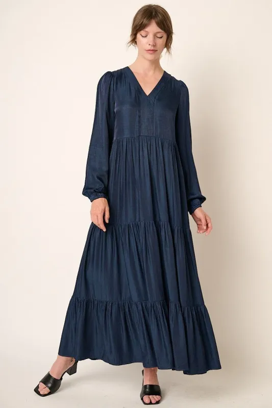 Navy Blue Satin Tiered Midi Dress sold by Pinkblush