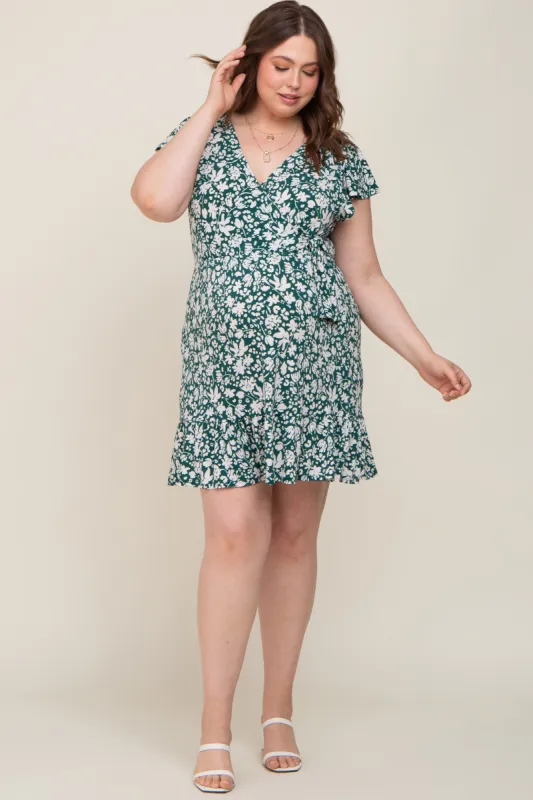 Teal Floral Wrap Front Flutter Sleeve Maternity Plus Dress sold by Pinkblush