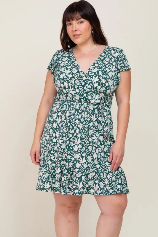 Teal Floral Wrap Front Flutter Sleeve Plus Dress sold by Pinkblush