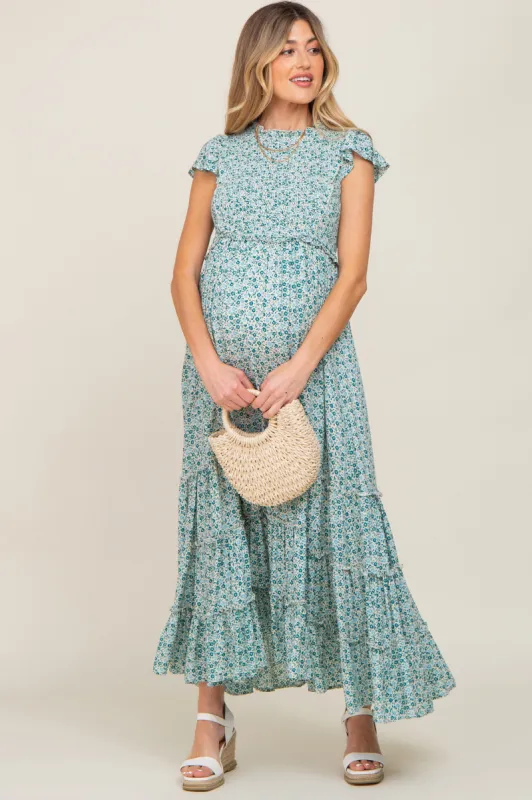 Teal Floral Tiered Maternity Maxi Dress sold by Pinkblush