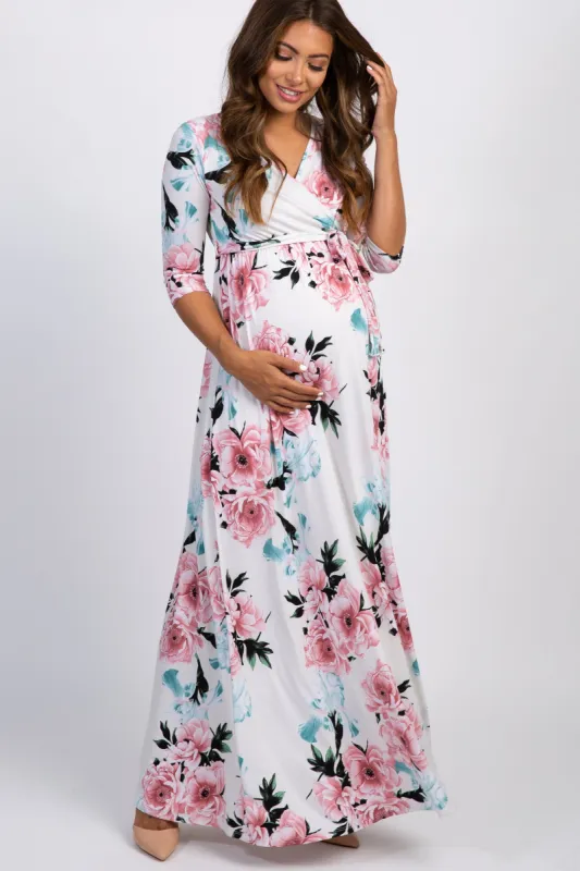 PinkBlush White Floral Sash Tie Maternity/Nursing Maxi Dress sold by Pinkblush