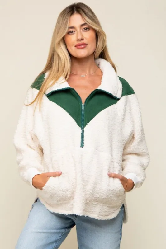 Forest Green Colorblock Half Zip Fleece Maternity Pullover sold by Pinkblush