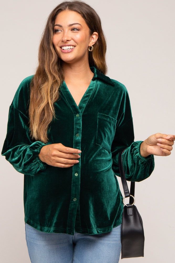 Hunter Green Velvet Button Front Collared Maternity Blouse sold by Pinkblush