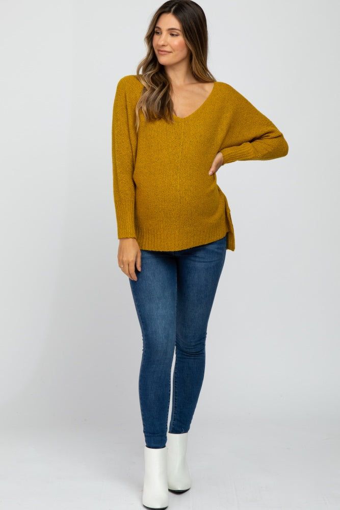 Mustard V-Neck Side Slit Maternity Sweater sold by Pinkblush product image thumbnail 4
