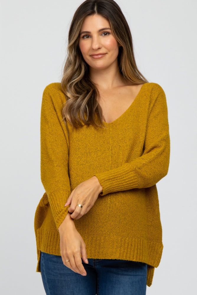 Mustard V-Neck Side Slit Maternity Sweater sold by Pinkblush