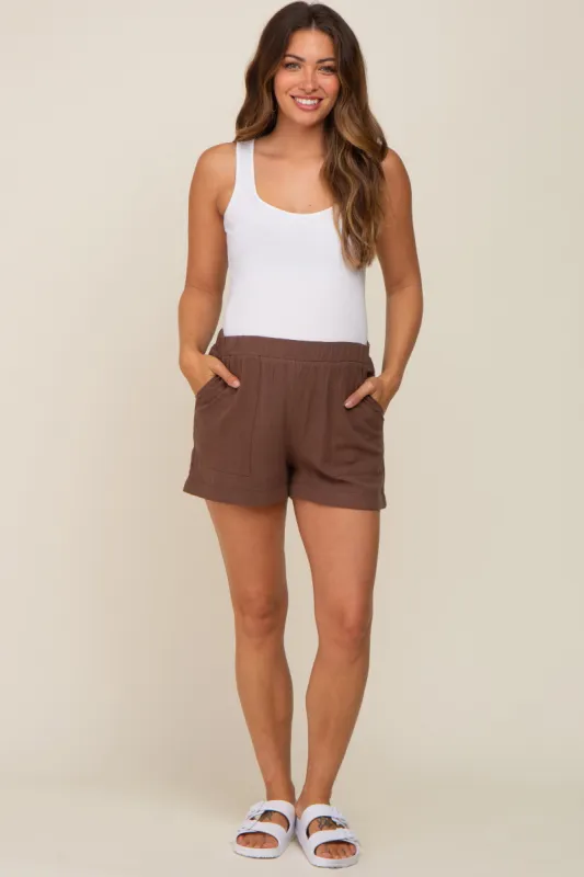 Brown Pocketed Maternity Shorts sold by Pinkblush