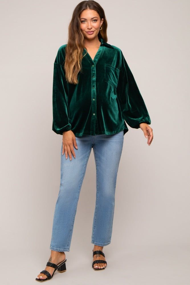 Hunter Green Velvet Button Front Collared Maternity Blouse sold by Pinkblush product image thumbnail 5