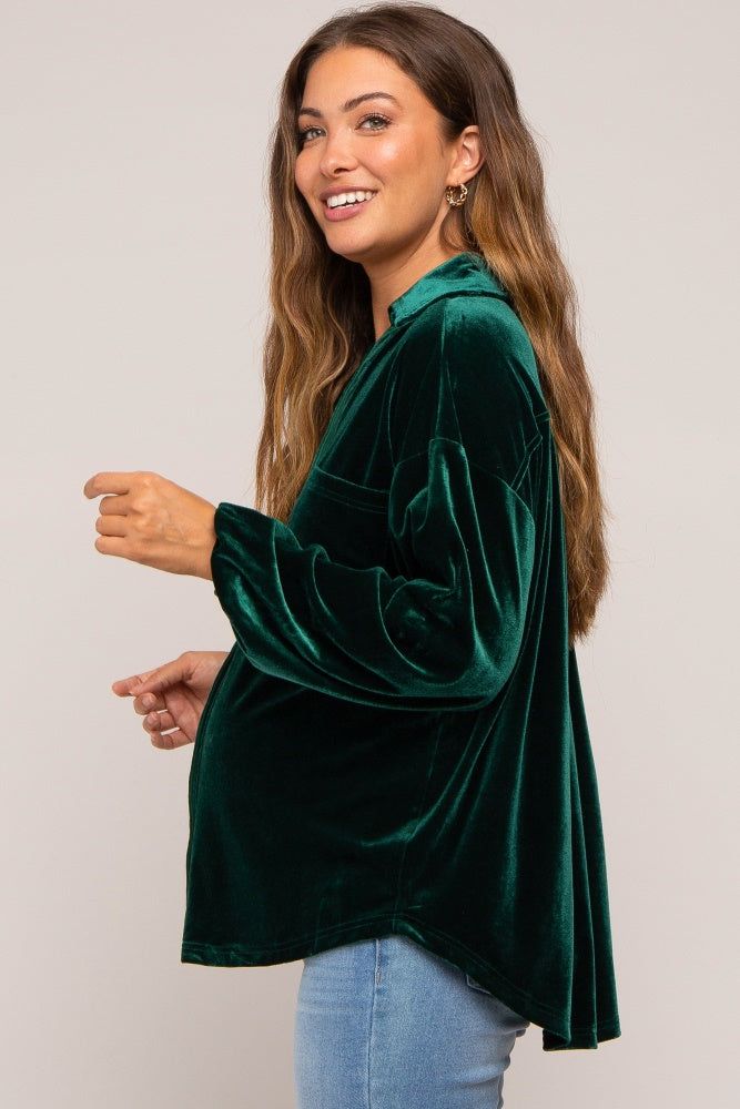 Hunter Green Velvet Button Front Collared Maternity Blouse sold by Pinkblush product image thumbnail 2