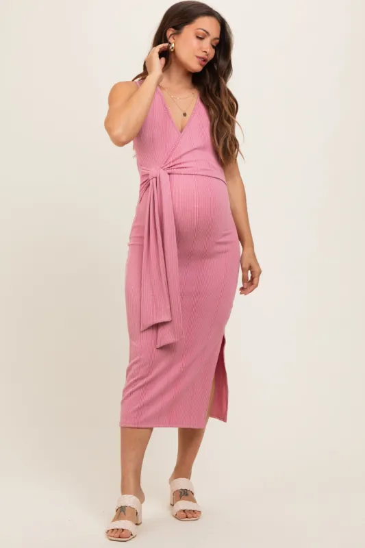 Mauve Ribbed Wrap Maternity Midi Dress sold by Pinkblush