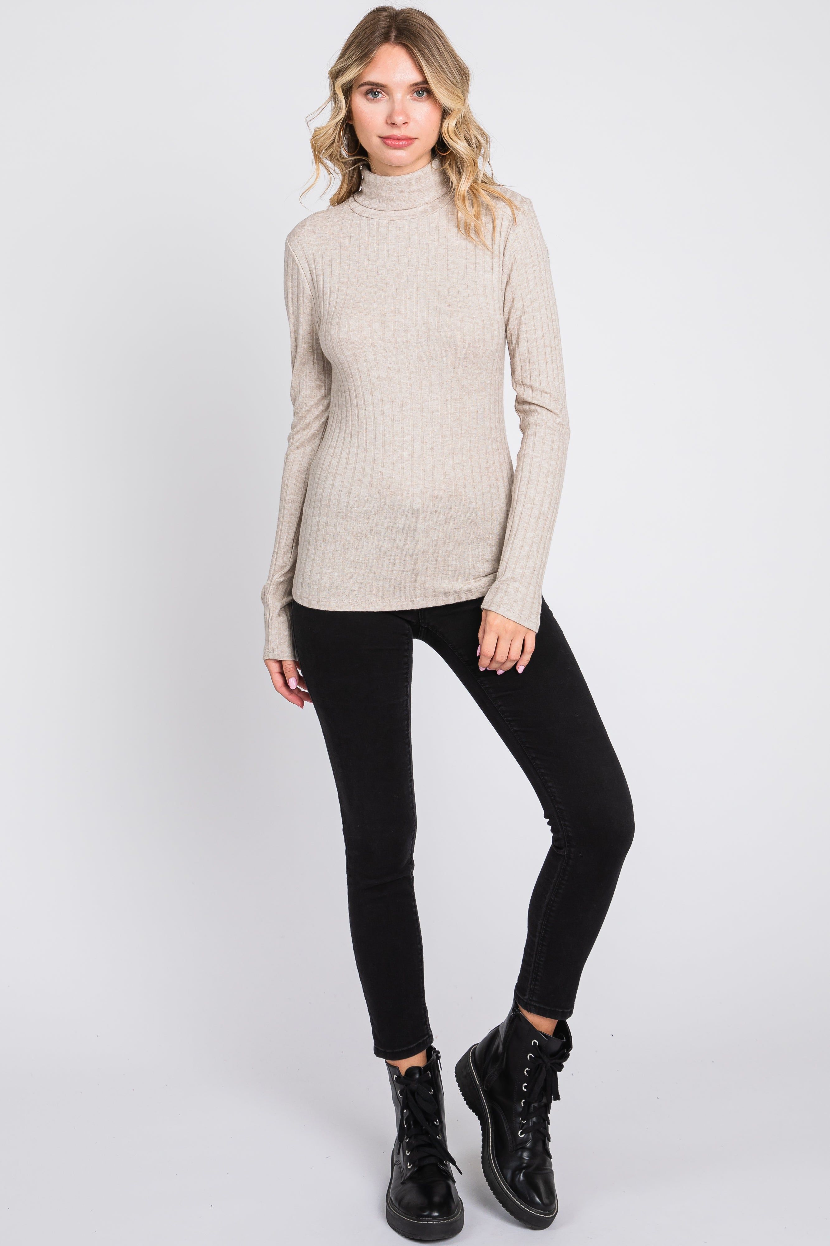 Beige Ribbed Long Sleeve Turtle Neck Top sold by Pinkblush product image thumbnail 4