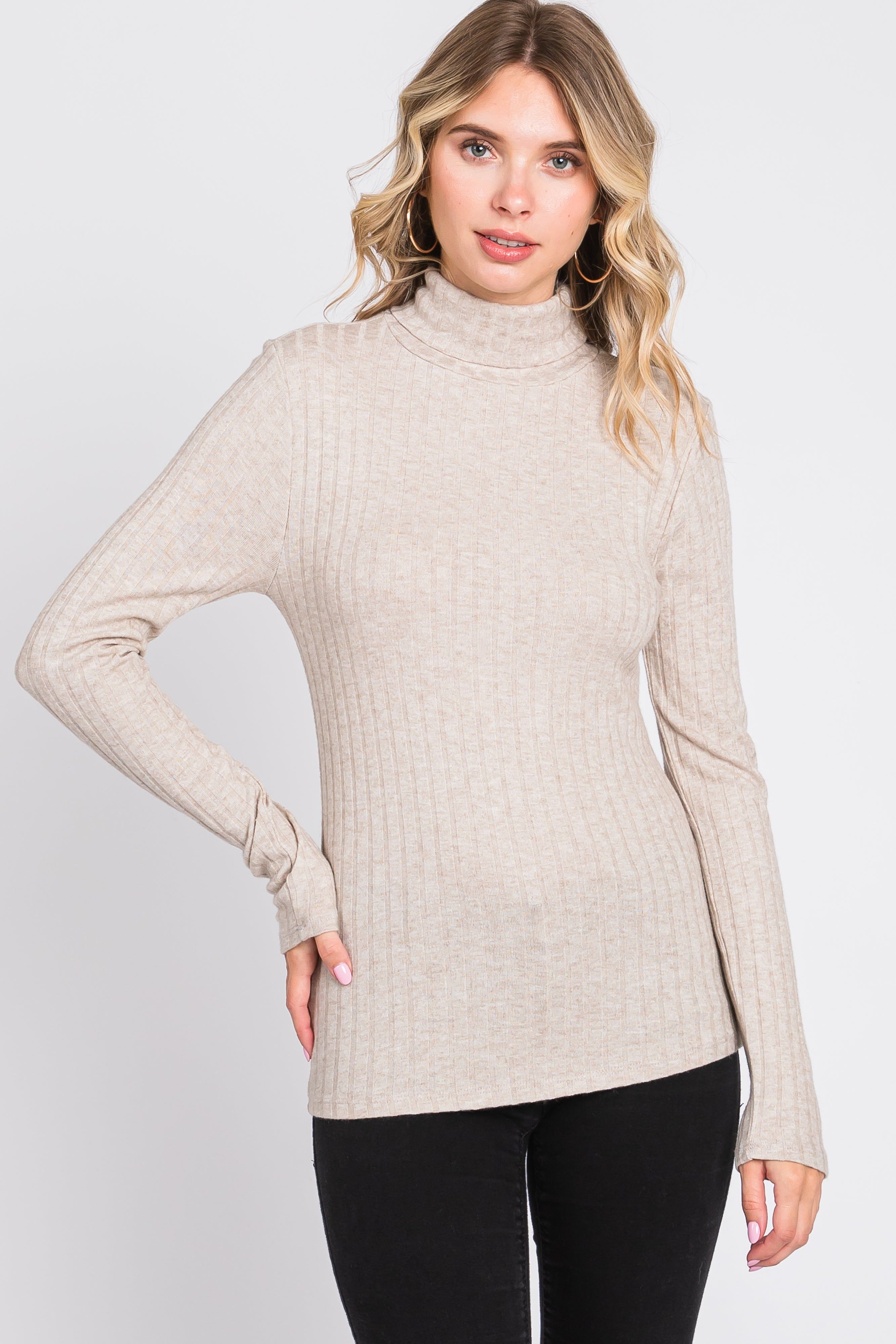 Beige Ribbed Long Sleeve Turtle Neck Top sold by Pinkblush