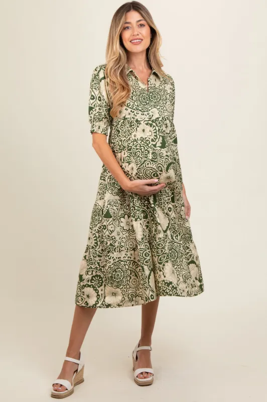 Olive Floral Collared Tiered Maternity Midi Dress sold by Pinkblush