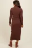 Brown Ruffle Mock Neck Long Sleeve Maternity Midi Dress sold by Pinkblush