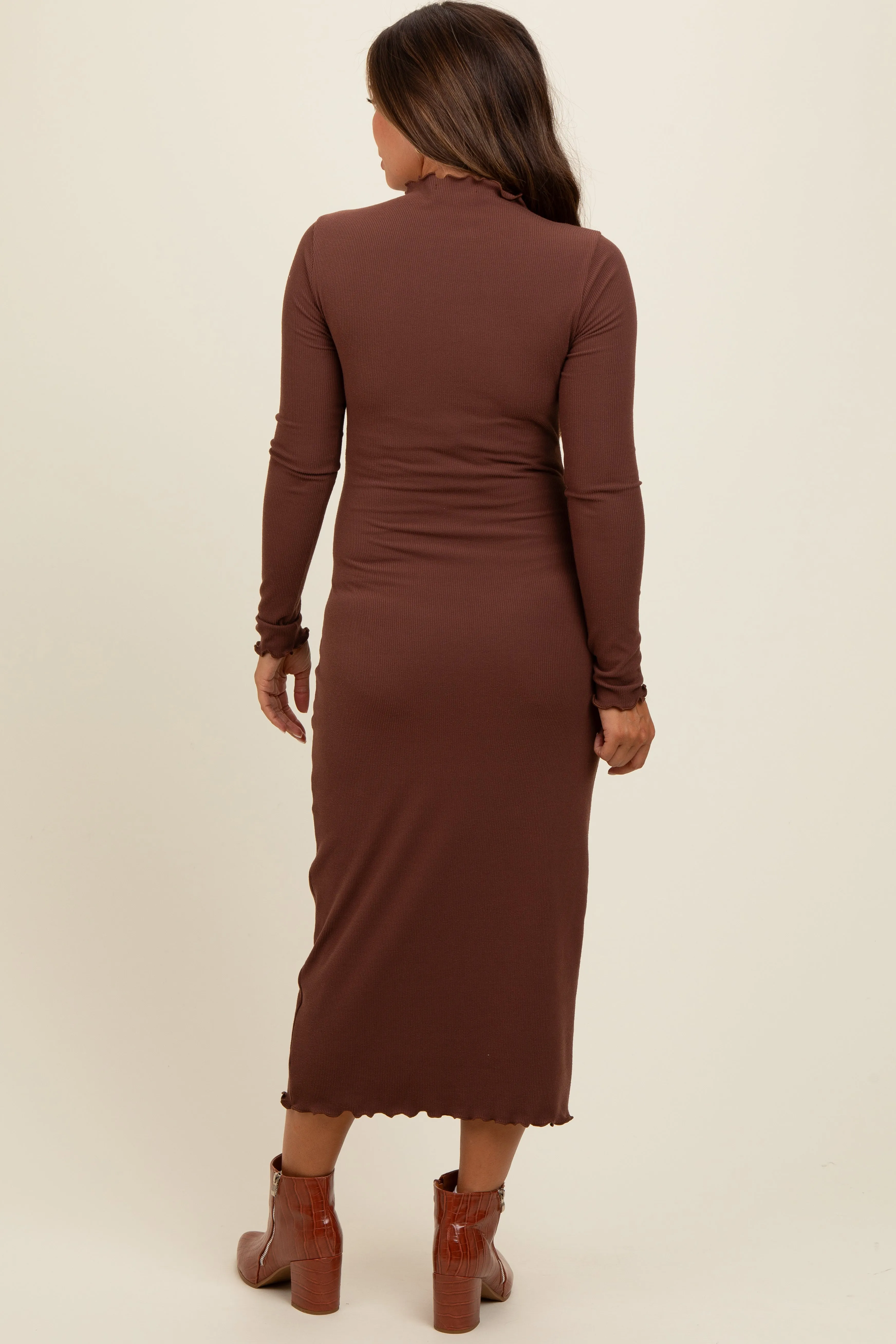 Brown Ruffle Mock Neck Long Sleeve Maternity Midi Dress sold by Pinkblush product image thumbnail 4