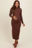 Brown Ruffle Mock Neck Long Sleeve Maternity Midi Dress sold by Pinkblush