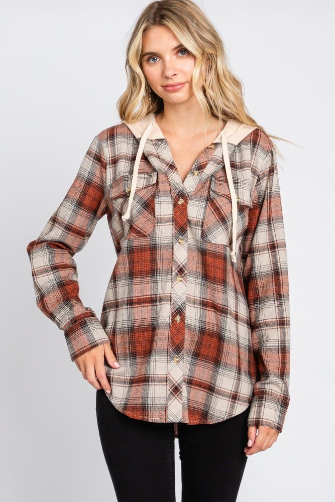 Rust Plaid Button Front Hooded Maternity Top sold by Pinkblush product image thumbnail 7