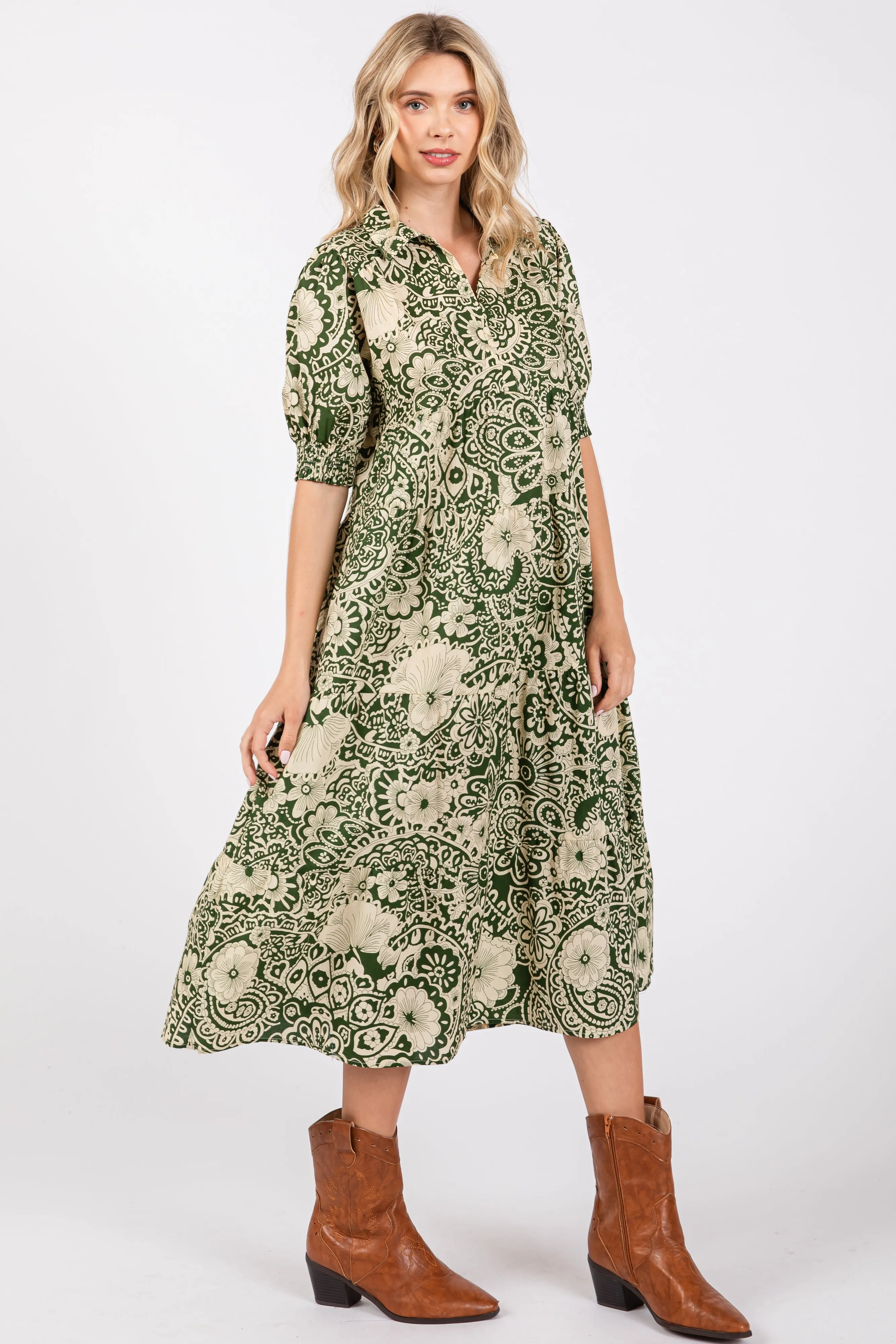 Olive Floral Collared Tiered Maternity Midi Dress sold by Pinkblush product image thumbnail 3