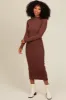 Brown Ruffle Mock Neck Long Sleeve Maternity Midi Dress sold by Pinkblush