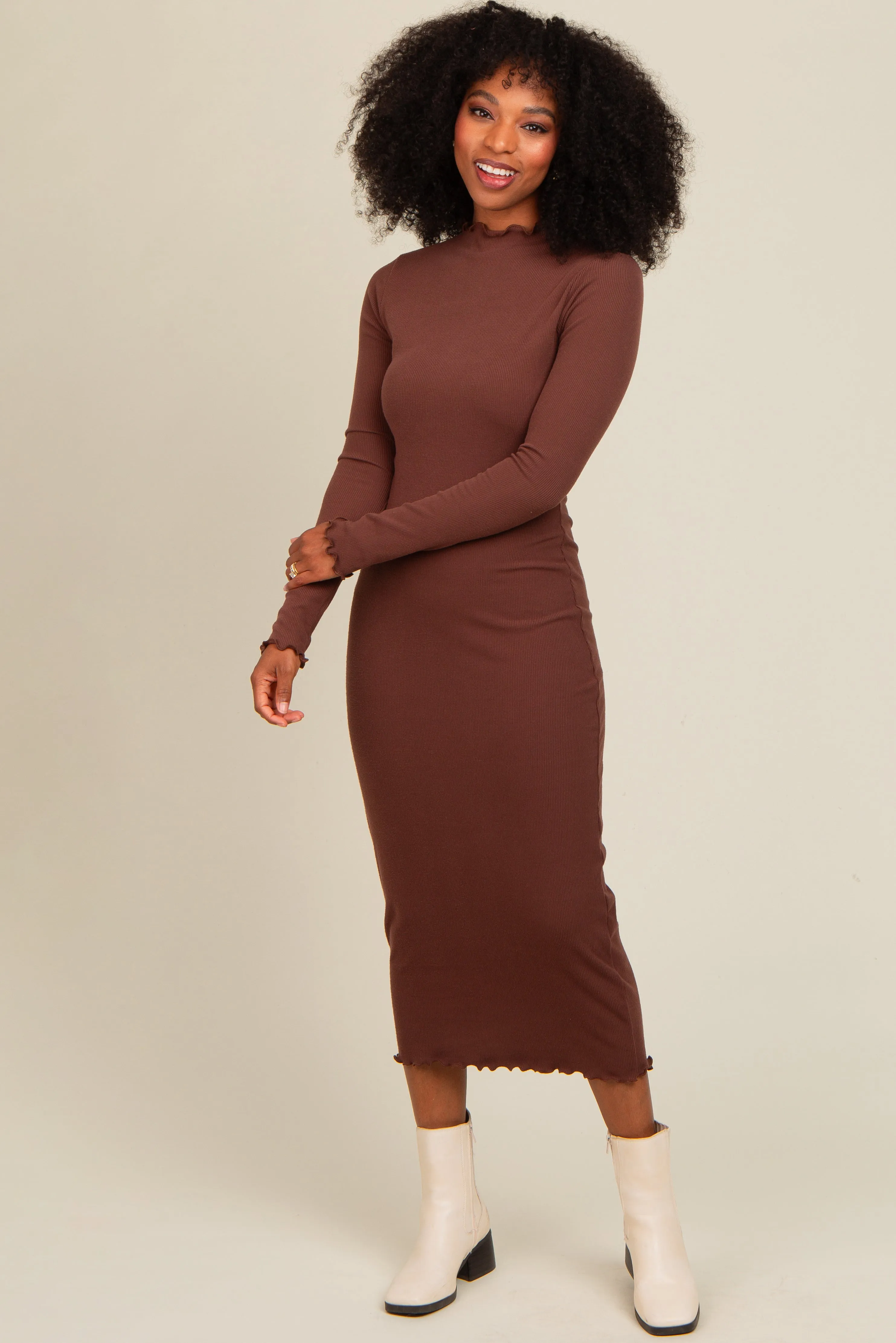 Brown Ruffle Mock Neck Long Sleeve Maternity Midi Dress sold by Pinkblush product image thumbnail 5