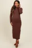 Brown Ruffle Mock Neck Long Sleeve Maternity Midi Dress sold by Pinkblush