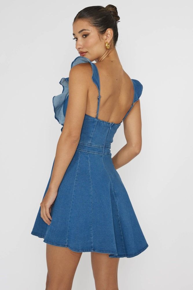 Indigo Square Neck Ruffle Sleeved Denim Mini Dress sold by Pinkblush product image thumbnail 2