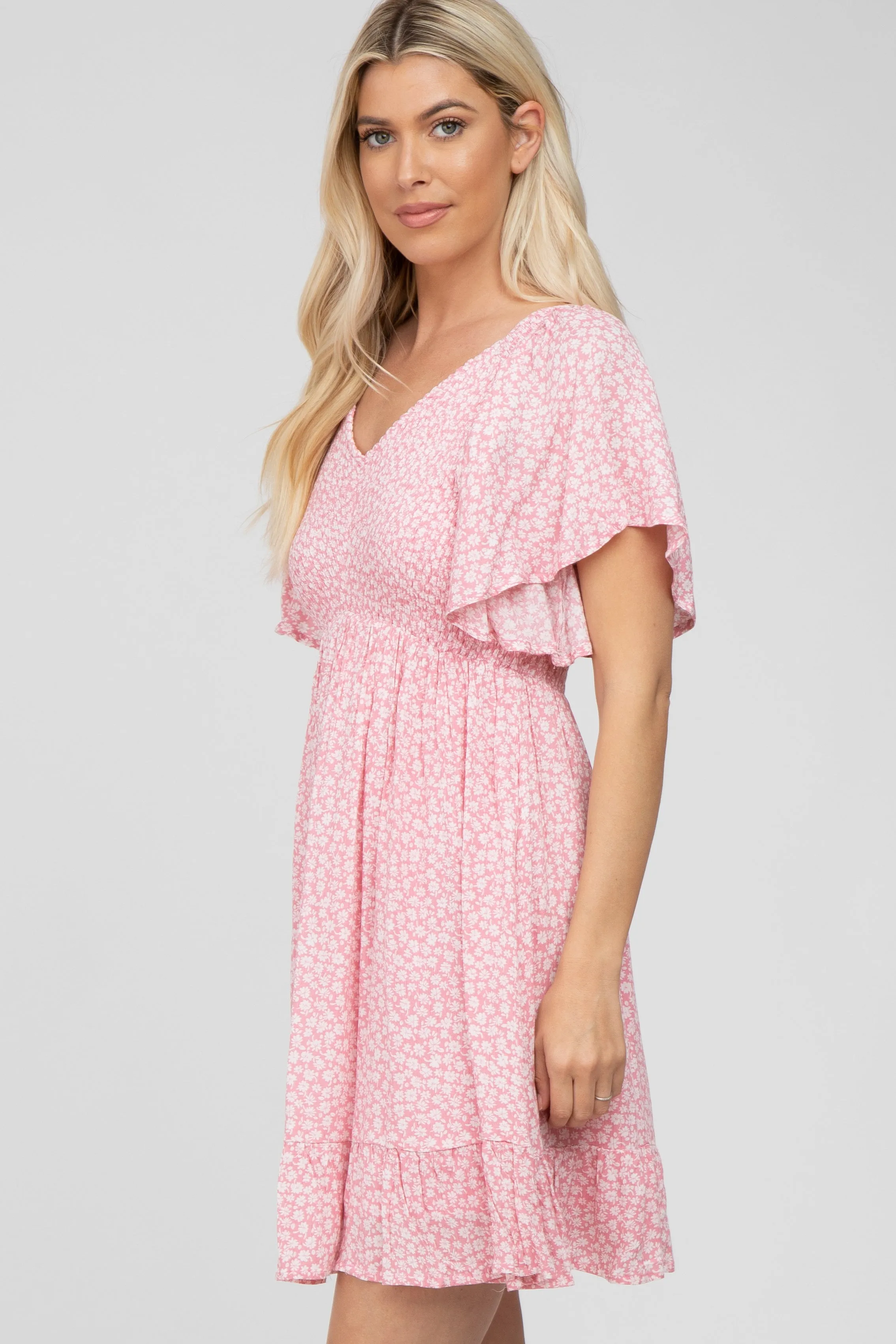 Light Pink Floral Print Smocked V-Neck Dress sold by Pinkblush product image thumbnail 3