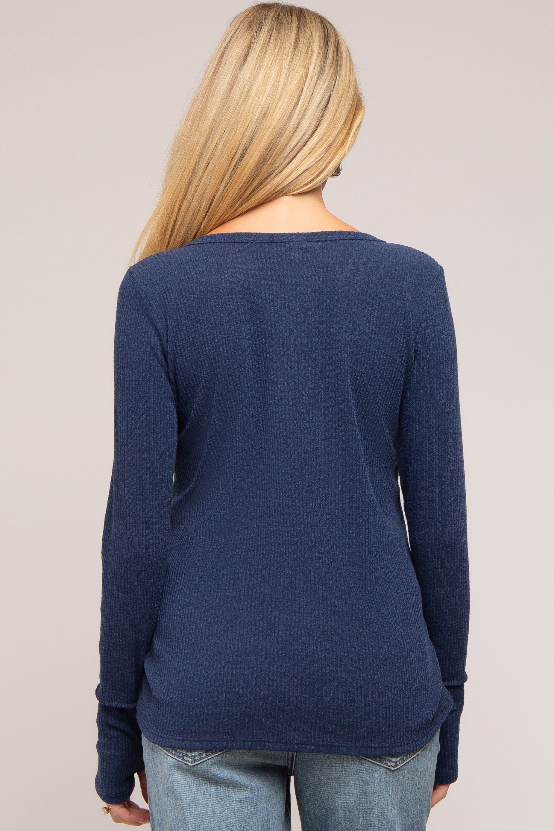 Navy Rib Knit Button Accent Maternity Long Sleeve Top sold by Pinkblush product image thumbnail 3