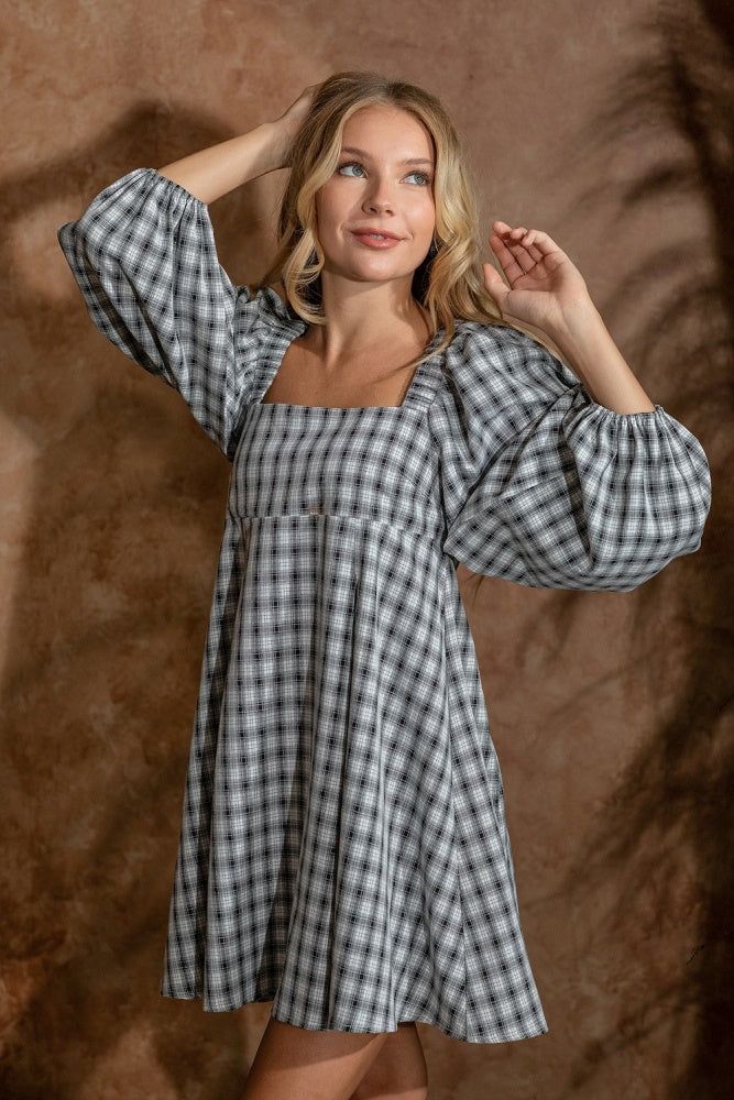 Black Plaid Babydoll Dress With Smocking Back Detail sold by Pinkblush product image thumbnail 3