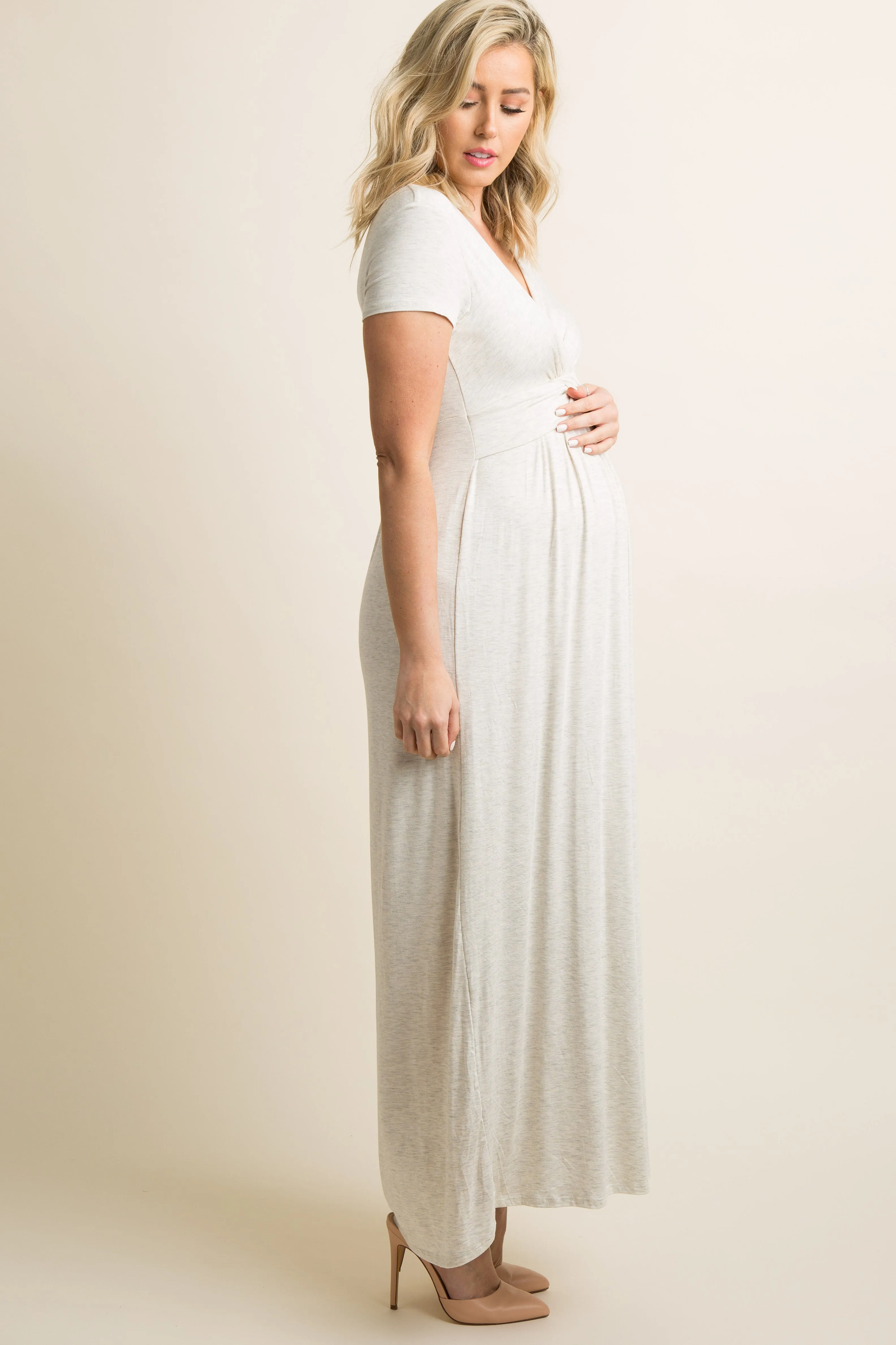 PinkBlush Beige Draped Maternity/Nursing Maxi Dress sold by Pinkblush product image thumbnail 2