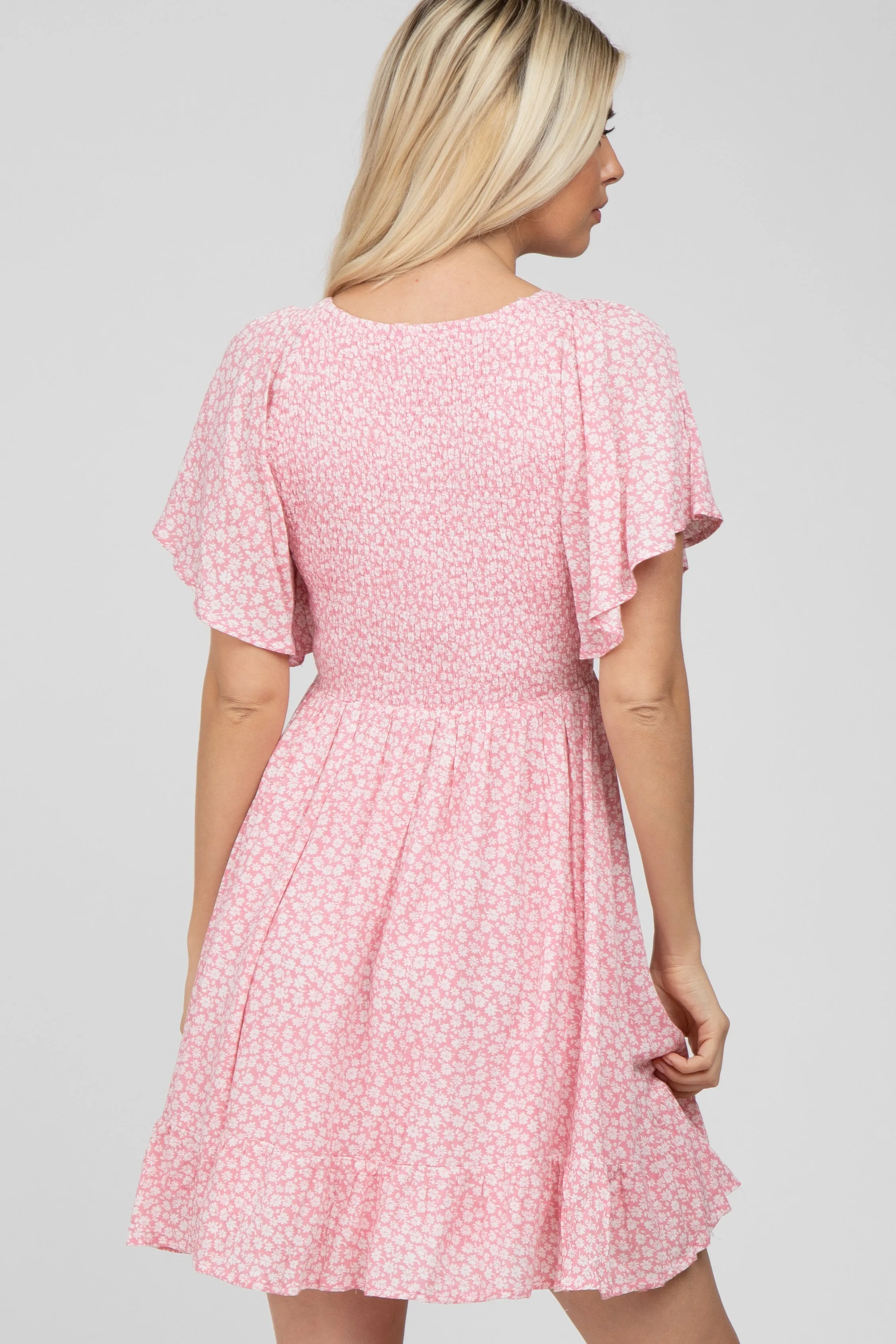 Light Pink Floral Print Smocked V-Neck Dress sold by Pinkblush product image thumbnail 4