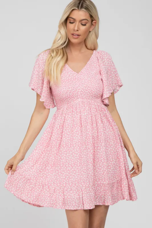 Light Pink Floral Print Smocked V-Neck Dress sold by Pinkblush