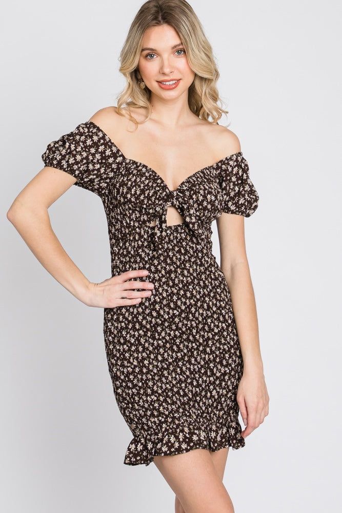 Brown Floral Smocked Cutout Mini Dress sold by Pinkblush product image thumbnail 9