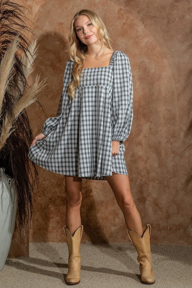 Black Plaid Babydoll Dress With Smocking Back Detail sold by Pinkblush