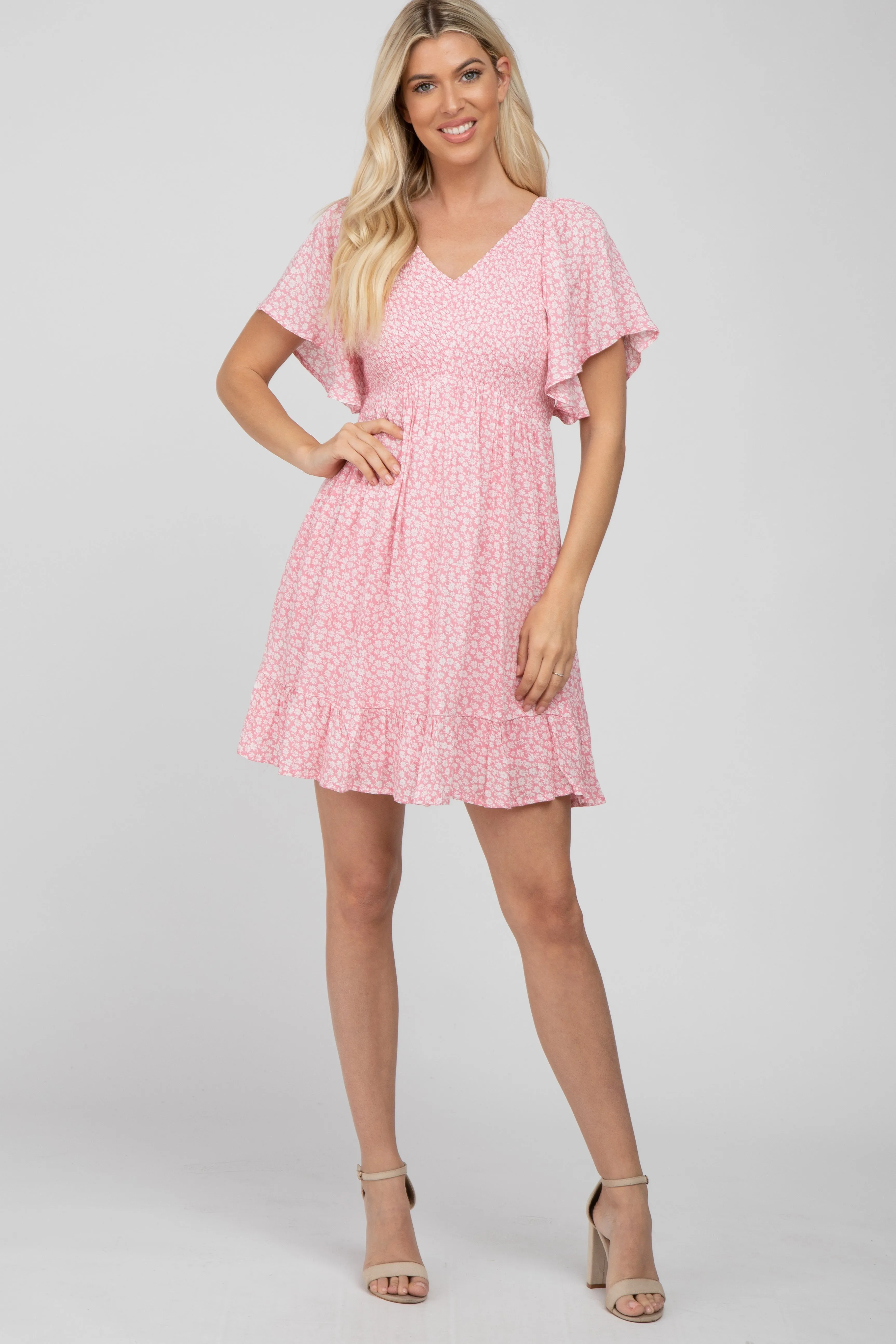 Light Pink Floral Print Smocked V-Neck Dress sold by Pinkblush product image thumbnail 2