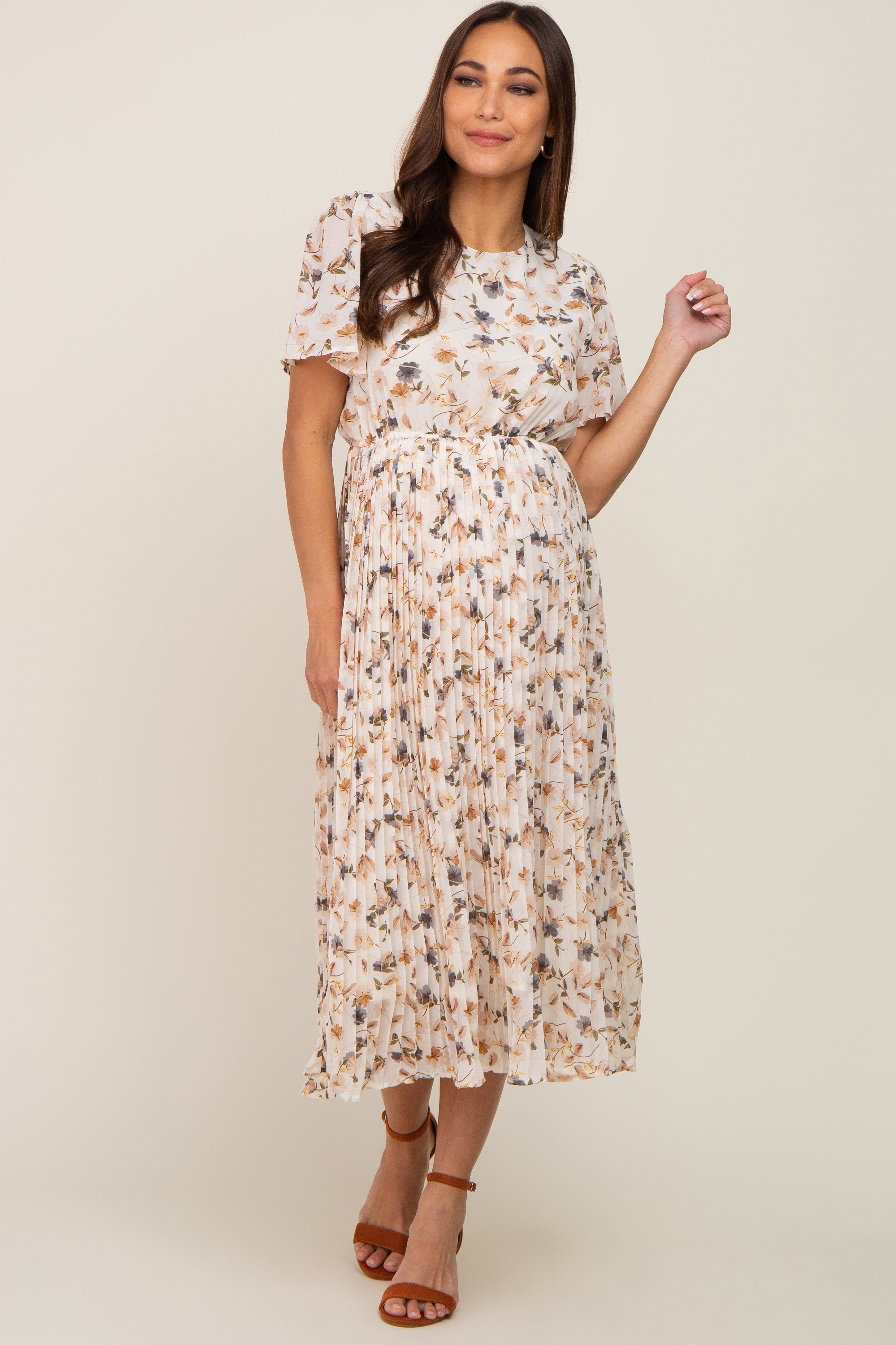 Ivory Floral Chiffon Pleated Short Sleeve Maternity Midi Dress sold by Pinkblush product image thumbnail 5