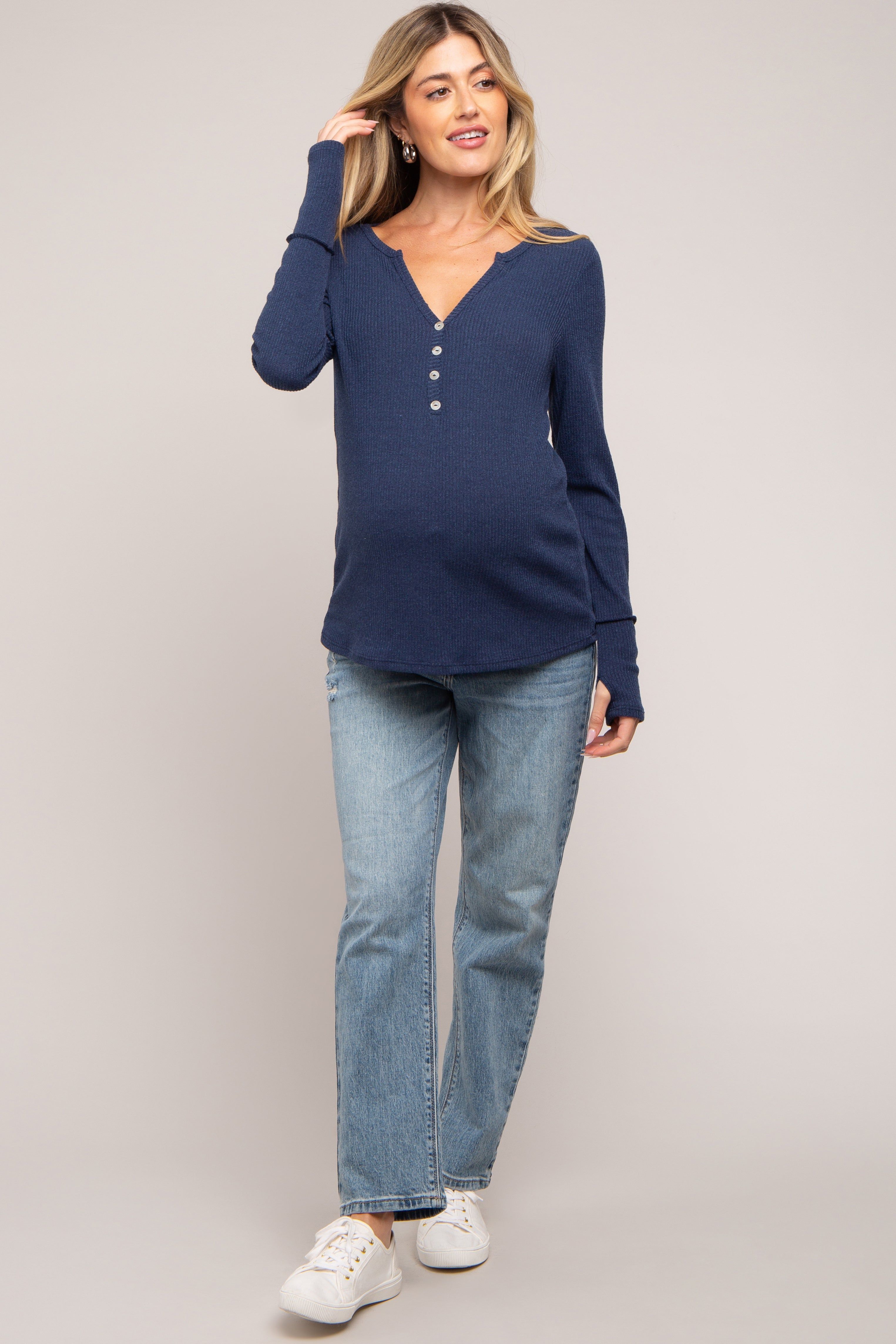 Navy Rib Knit Button Accent Maternity Long Sleeve Top sold by Pinkblush product image thumbnail 5