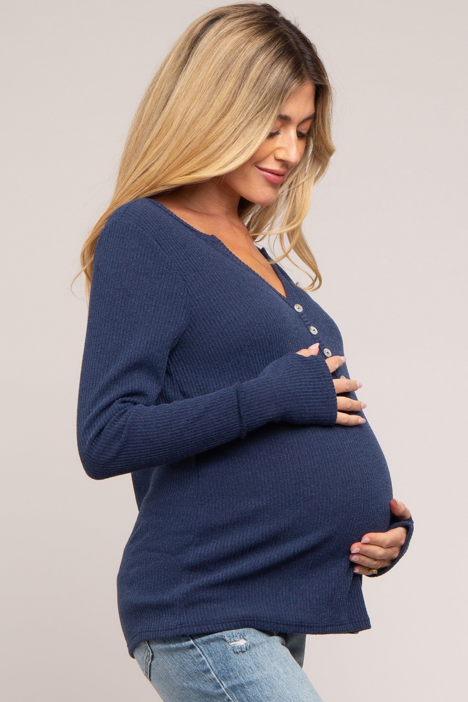 Navy Rib Knit Button Accent Maternity Long Sleeve Top sold by Pinkblush product image thumbnail 2
