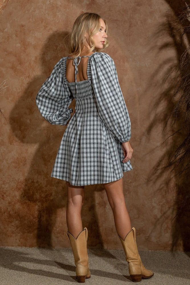 Black Plaid Babydoll Dress With Smocking Back Detail sold by Pinkblush product image thumbnail 2