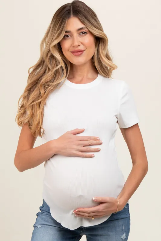 White Ribbed Short Sleeve Curved Hem Maternity Top sold by Pinkblush