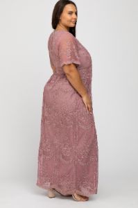 Mauve Lace Mesh Overlay Plus Maxi Dress sold by Pinkblush