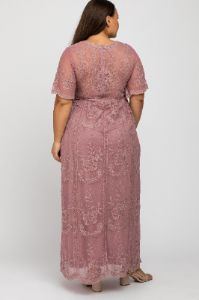 Mauve Lace Mesh Overlay Plus Maxi Dress sold by Pinkblush